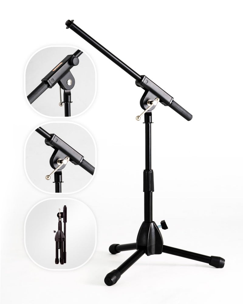 Stage Rocker Foldable Tripod Low-Profile Mic Boom Stand - Height Extending from 9.6'' to 16.9'', w/Adjustable Telescoping Arm Up to 9'', Lightweight/Convenient, Black, Powered by Hamilton(SR610121B) - Image 1